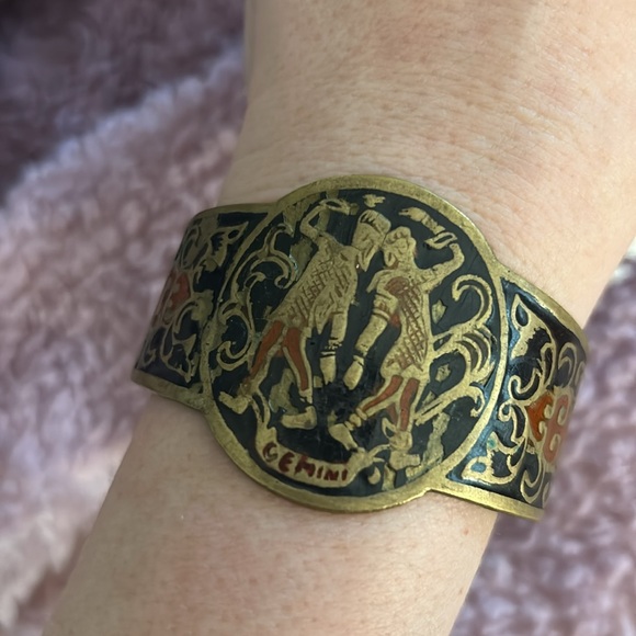 Vintage OLD Zodiac Gemini Enamel on Solid Brass Heavy Cuff Bracelet - Picture 4 of 16